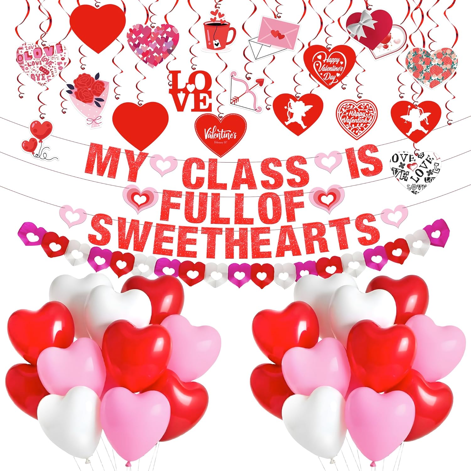 KatchOn, Valentines Day Hanging Swirls with Valentines Day Decorations Set - Pack of 77, No DIY | My Classroom is Full of Sweethearts Banner, Valentines Hanging Decorations | Valentines Decorations