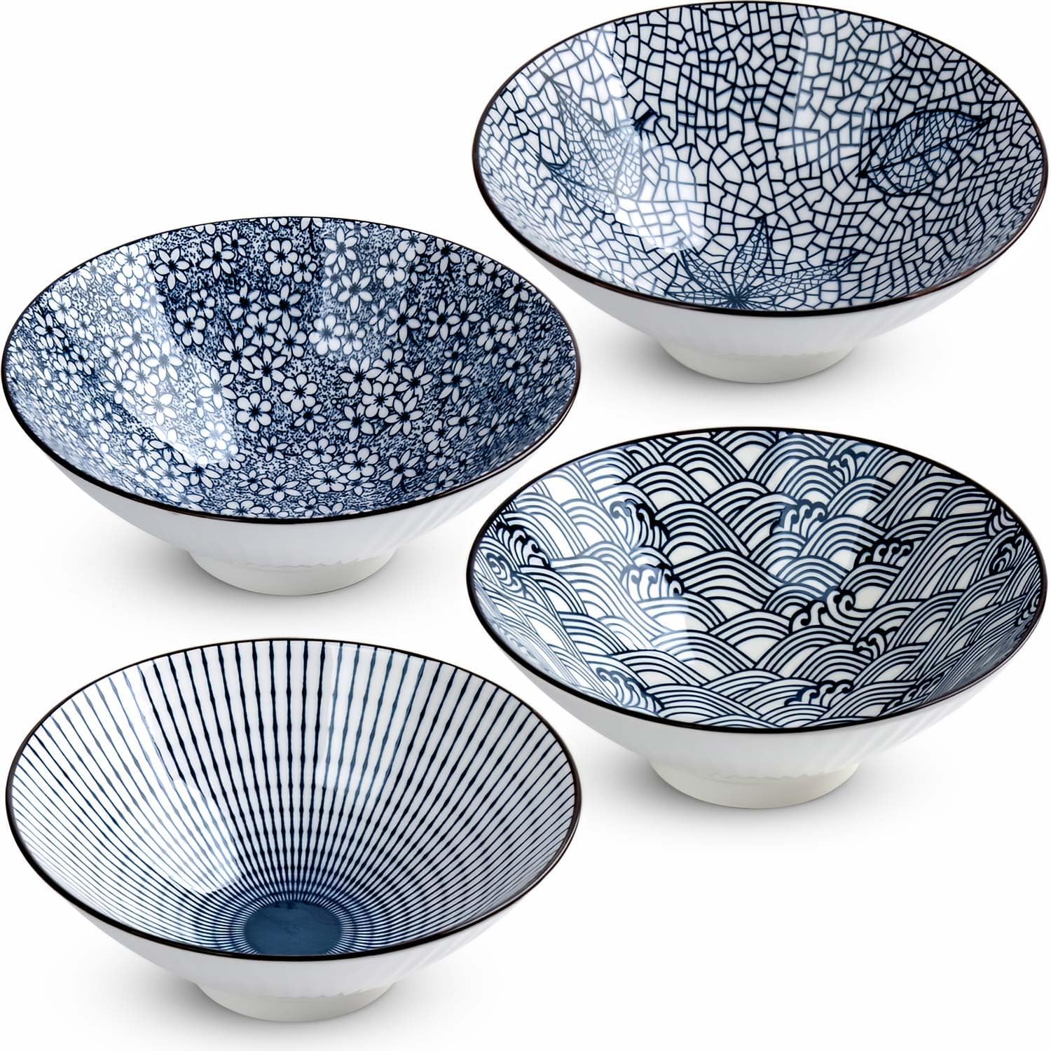 38 oz Japanese Ramen Bowl Set of 4, 8-Inch Ceramic Large Soup Bowls, Blue and White Large Pho Bowls - 4 Mixing Patterns
