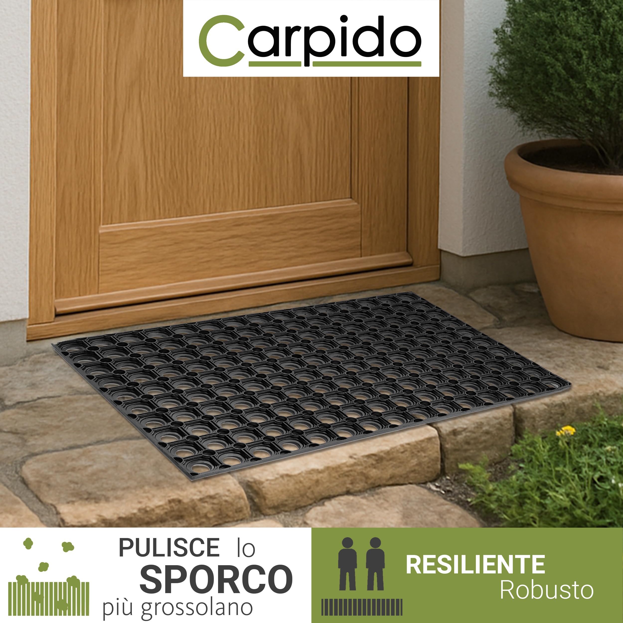 Carpido Zerbino Nero in Gomma - Tappetino Antiscivolo per Porta 40 x 60 cm - Resistente Zerbino Esterno