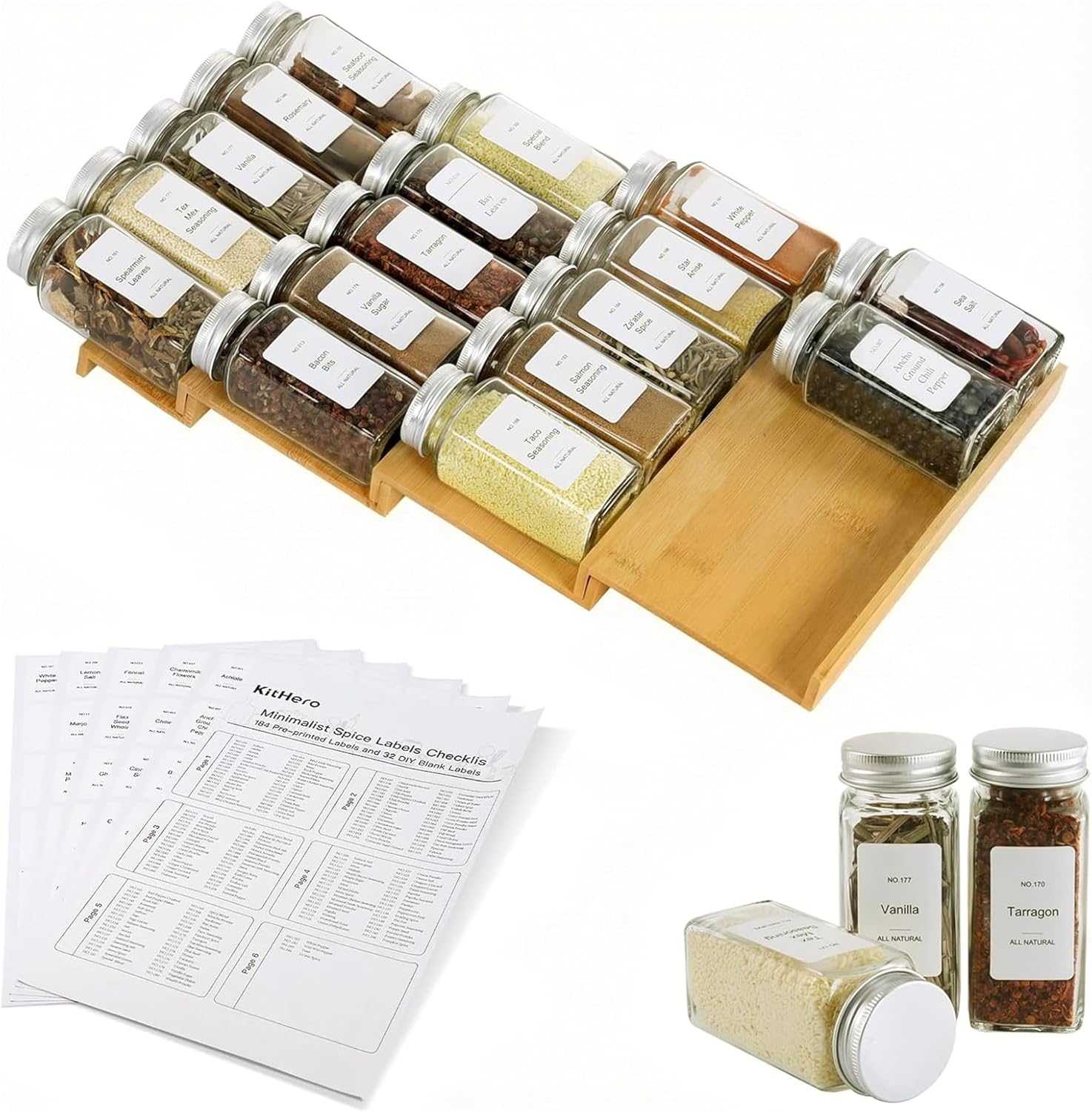 Spice Drawer Organizer with 18 Spice Jars,216 Labels,25 Non-slip Rubber, Bamboo 4 Tier Seasoning Rack Tray Insert for Kitchen Drawers,Cabinets,Countertop,9" Wide x 15.8" Deep