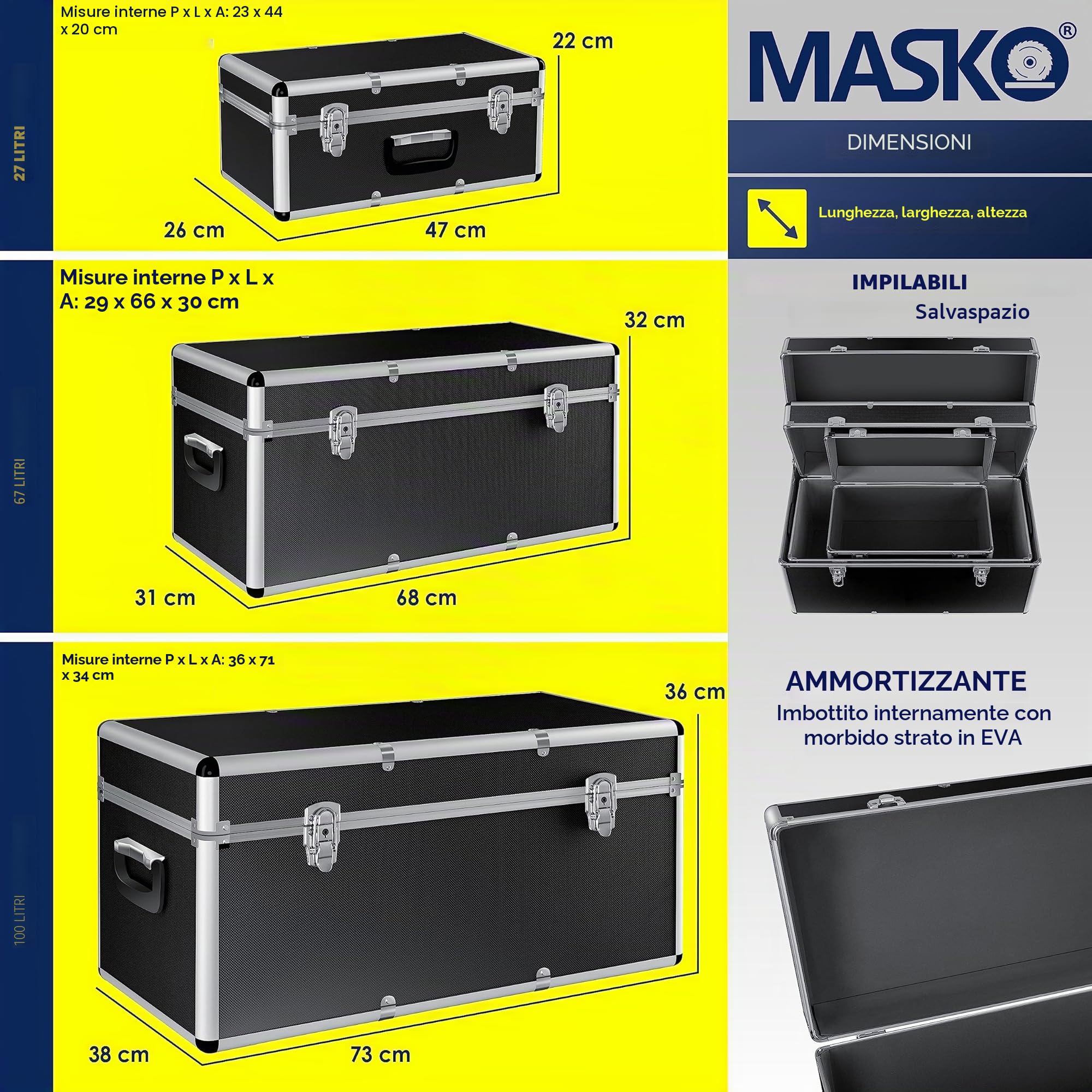 Masko® SET con 3 cassette in alluminio ✓ Cassetta in alluminio ✓ Valigetta ✓ degli attrezzi ✓ portautensili ✓ Cassetta da trasporto |