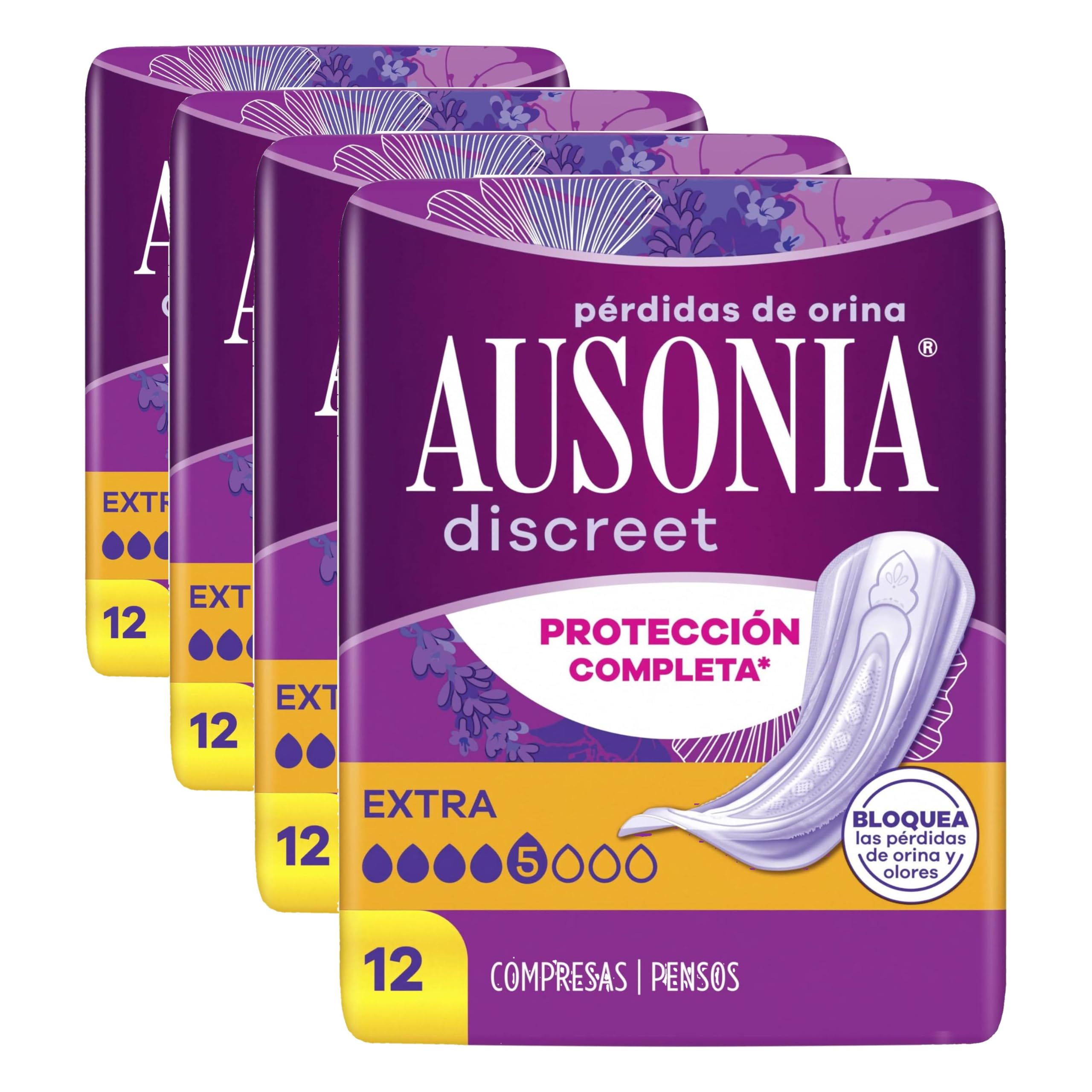 Ausonia Discreet Extra, 48 Compresas Incontinencia Mujer para Pérdidas de Orina, Protección Completa, Discreción Increíble (Paquete de 4)