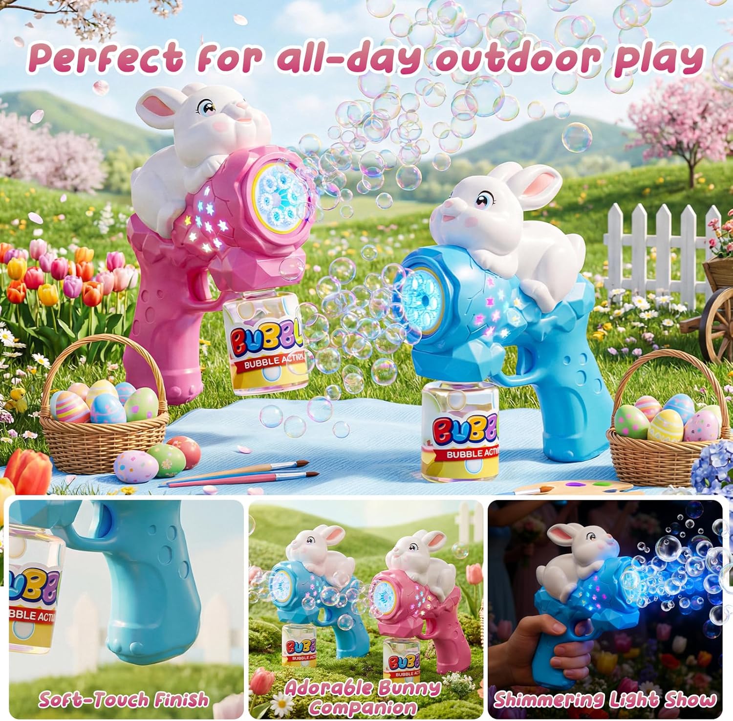 Bunny Bubble Gun for Kids, 2 Pack Rabbit Bubble Machine for Toddler W/LED Lights, 12000+ Bubble/Min, 360° Leak-Proof Bubble Blower Blaster Toy, Outdoor Summer Play, Easter, Wedding & Birthday Gifts