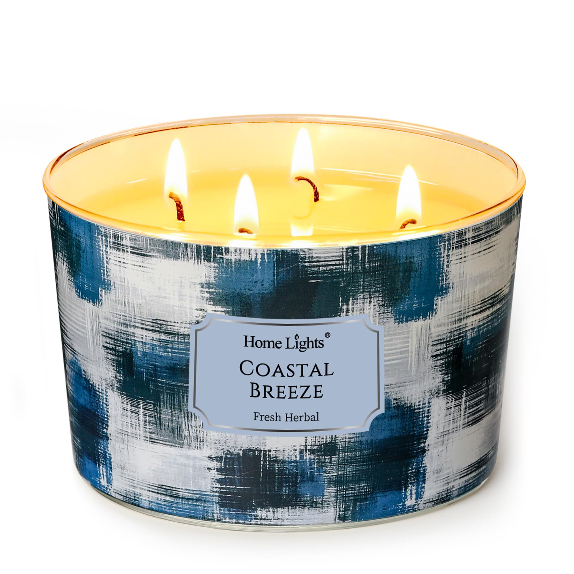 HomeLights Vela en frasco grande | Velas aromáticas de larga duración de 4 mechas, vela de cera de soja natural de 18oz con diseño minimalista escandinavo, Brisa Costera