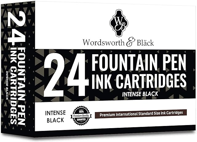 Wordsworth & Black 24 Pack Fountain Pen Ink Refills - Set of 24 Black Ink Cartridges - International Standard Size - Length APPR 3.75 CM - Base Diameter APPR 0.6 CM - Disposable and Generic