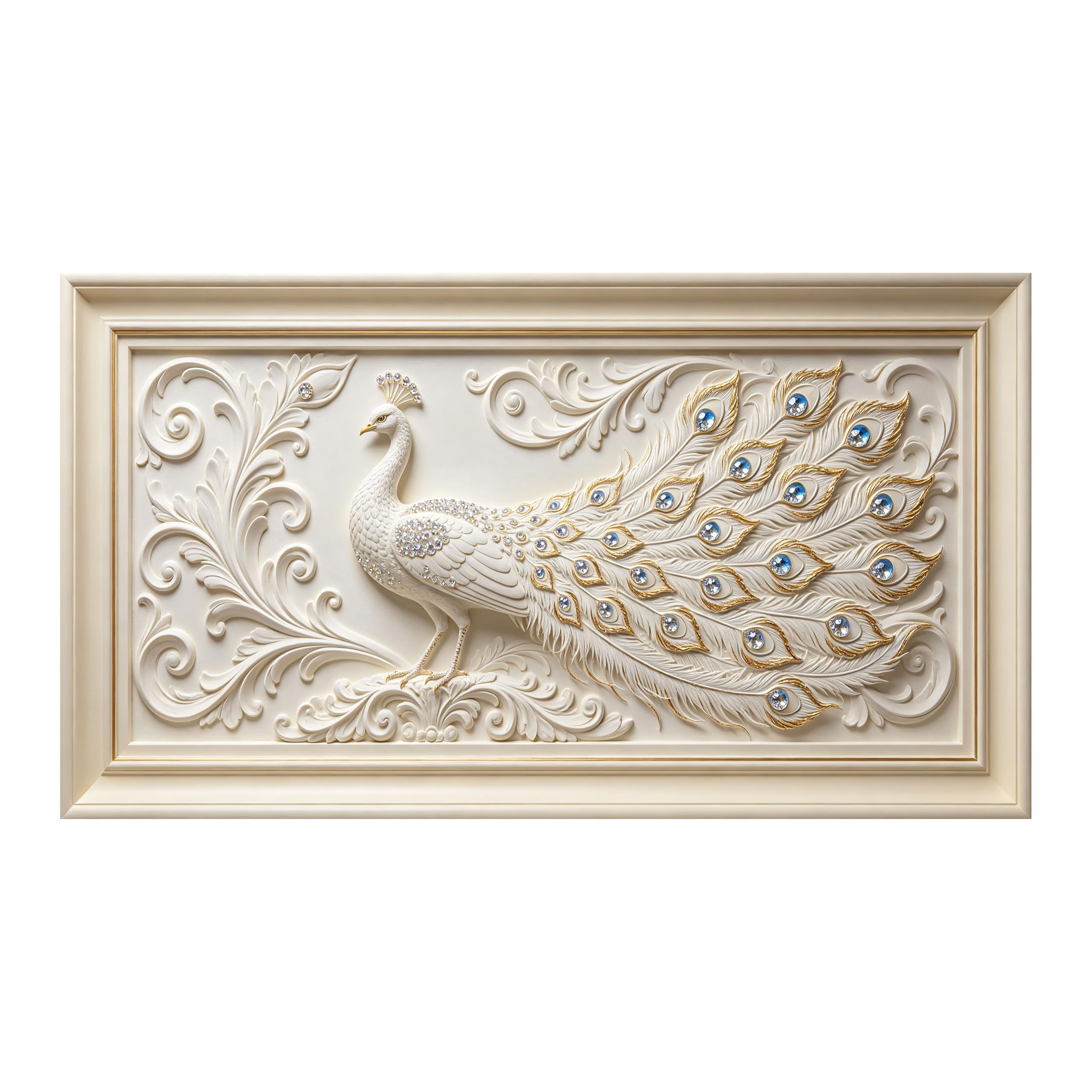 Yzpallescene Art260711153 3D Framed Wall Art White Peacock Relief Effect Neoclassical Large Size Selfadhesive Removable Wall Decor Prints Artwork For Living Room Bedroom Office