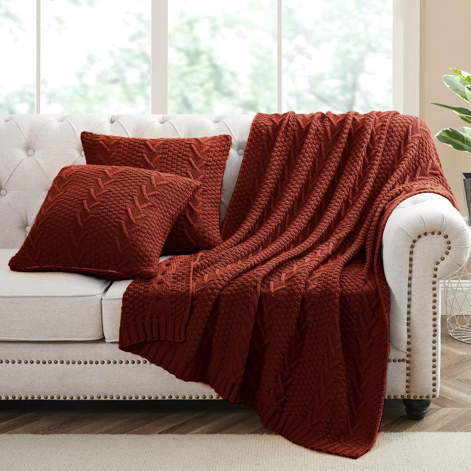 Aormenzy Knitted Throw Blanket (50" x 60") and 2 Pillow Covers (18" x 18"), 3 Piece Red Brown Throw Blanket Set, Decorative Throw Blankets for Couch Sofa Bed Living Room - Image 3