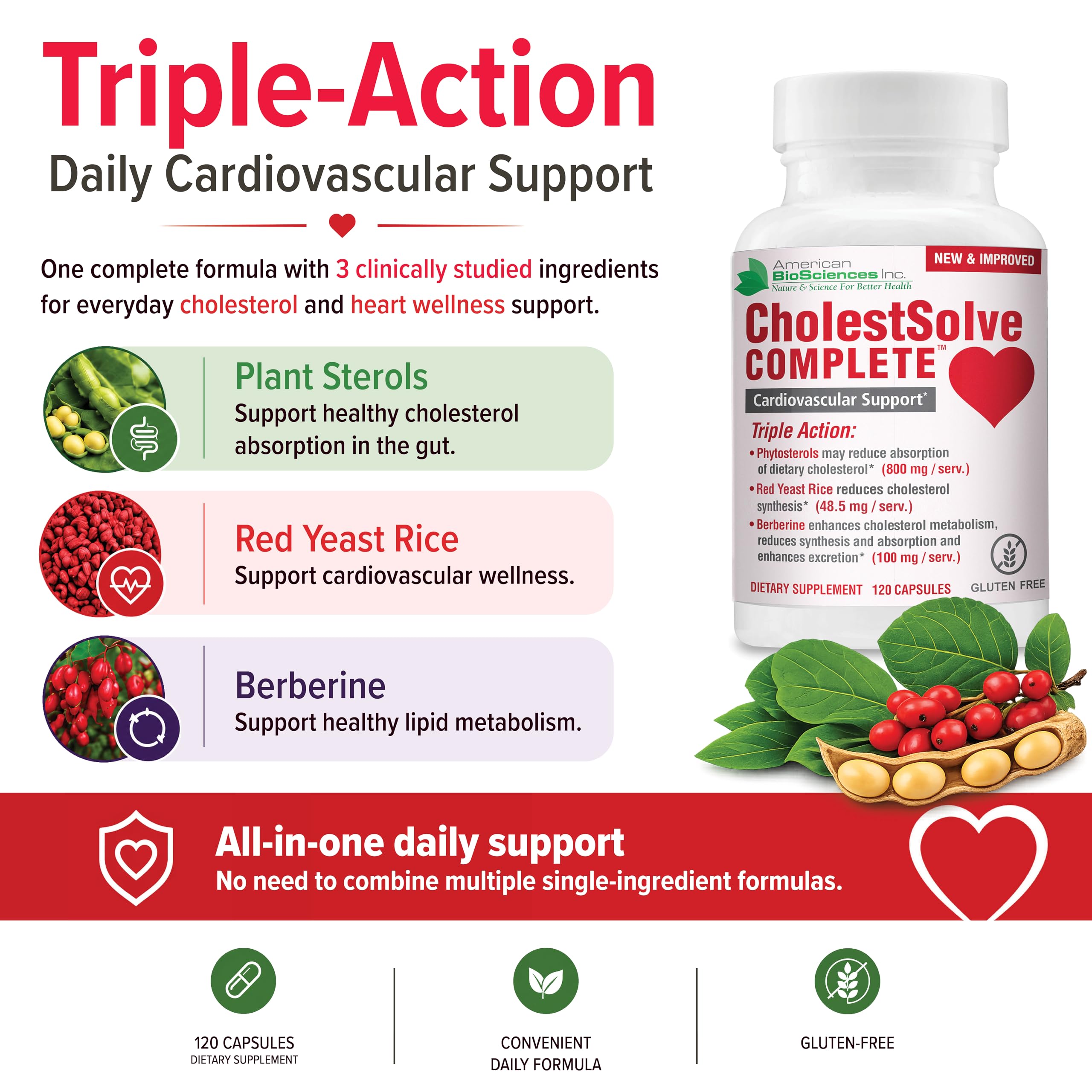 CholestSolve Complete Cholesterol Support Supplement with Plant Sterols 800mg, Red Yeast Rice, Berberine & Phytosterols - Cardiovascular Heart Health Support, Gluten Free, 120 Capsules — Amazon image 2