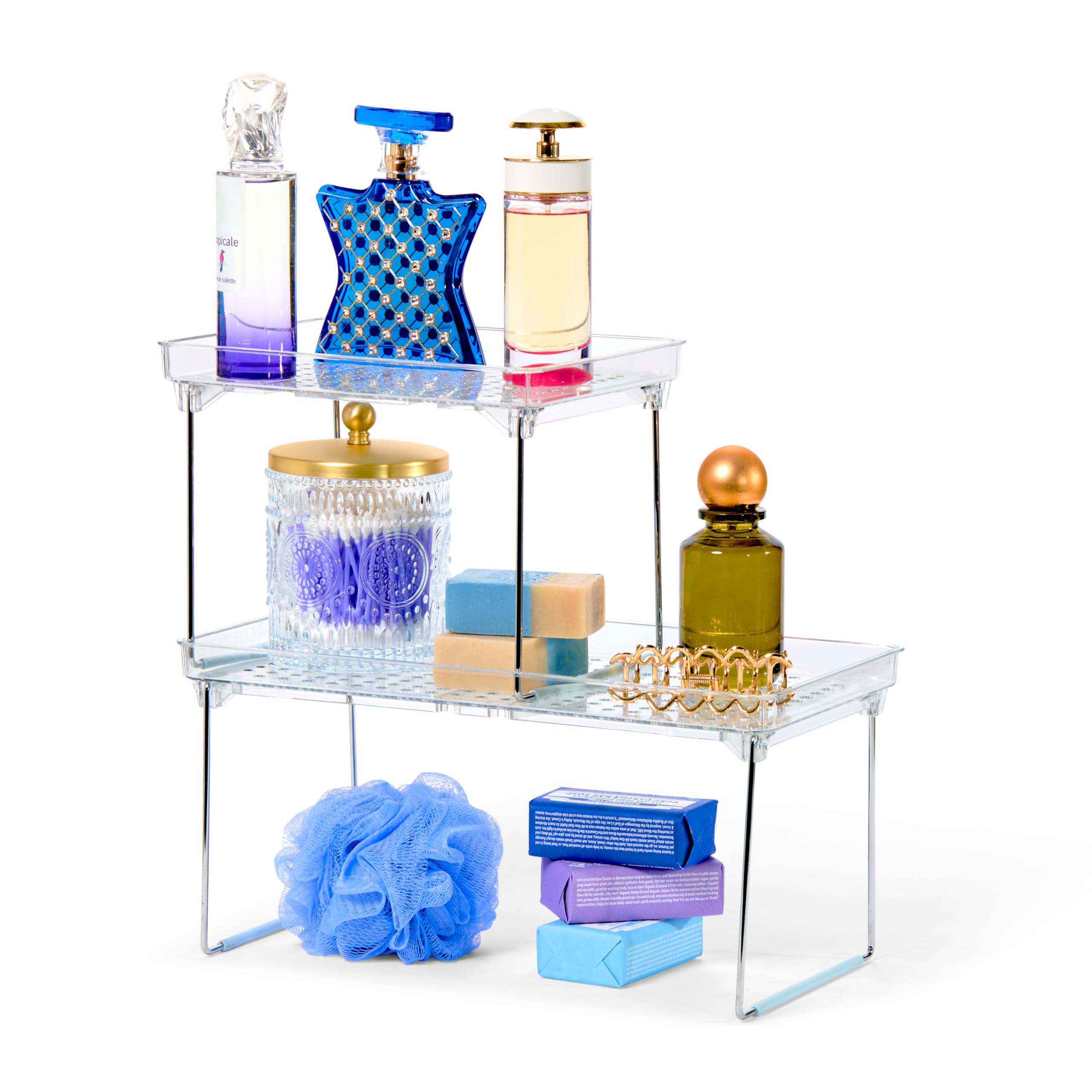 madesmart Small Stackable Storage Shelf for Cabinets or Counters, Plastic Collapsible Cabinet Shelf for Home Organization, White, 9.38 x 7.63 x 1.5 in