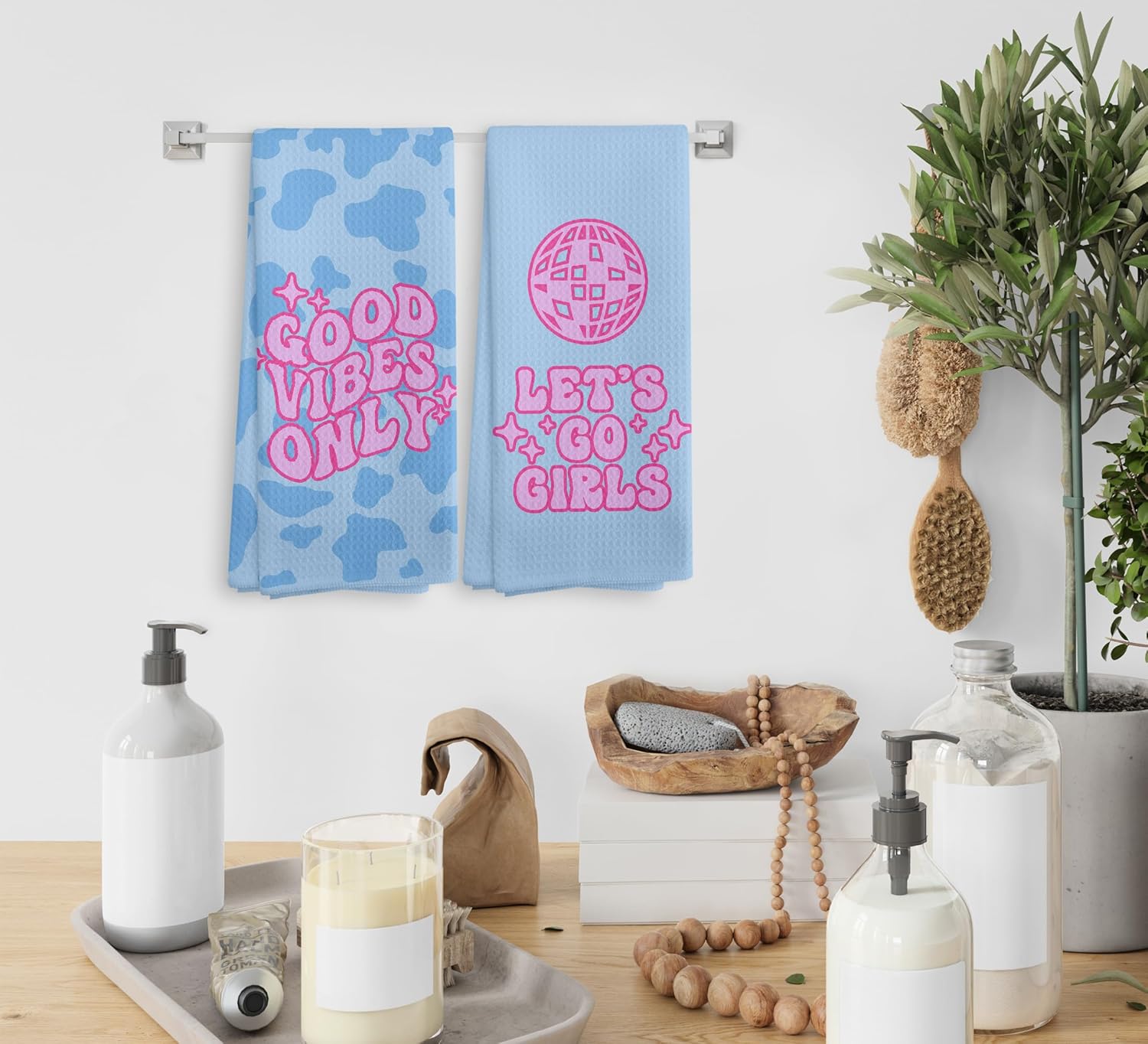 Blue Pink Let's Go Girls Kitchen Towels and Dishcloths Set of 2, Preppy Kitchen Towels, Disco Ball Leopard Print Drying Cloth Hand Towels for Girls Dorm Bathroom Kitchen Decor, 16×24 Inches - Image 4