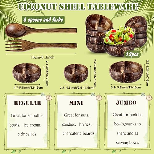 Miniatura 2 de Domensi Juego de 24 cuencos de coco y cucharas de madera, 12 cuencos reutilizables para batidos de Buda con utensilios para servir, cubiertos de