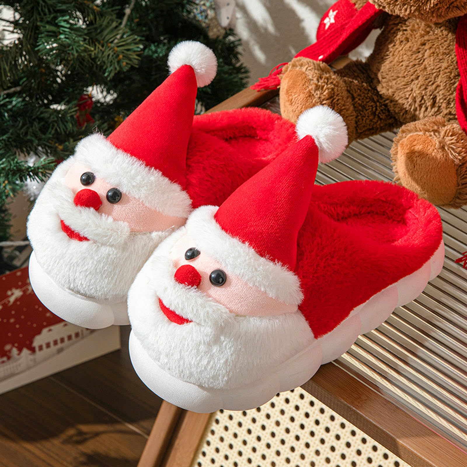 Pantofole Donna Calde di Babbo Natale da Donna, Scarpe Casa Comode E con Suola Spessa Antiscivolo-rosso-34-35