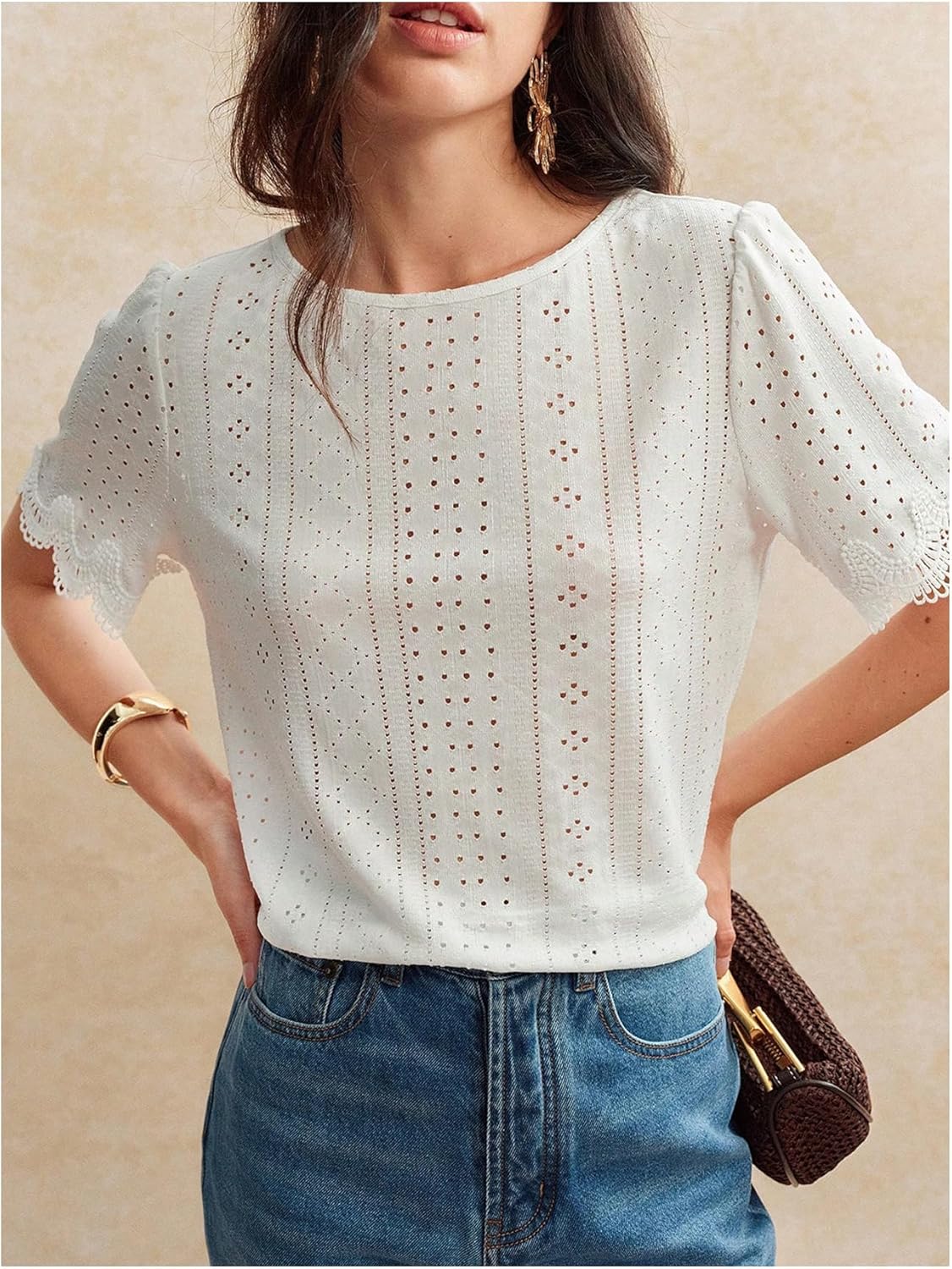 SweatyRocks Women's Crewneck Eyelet Tops Casual Lace Contrast Blouses Short Sleeve Tops - Image 3