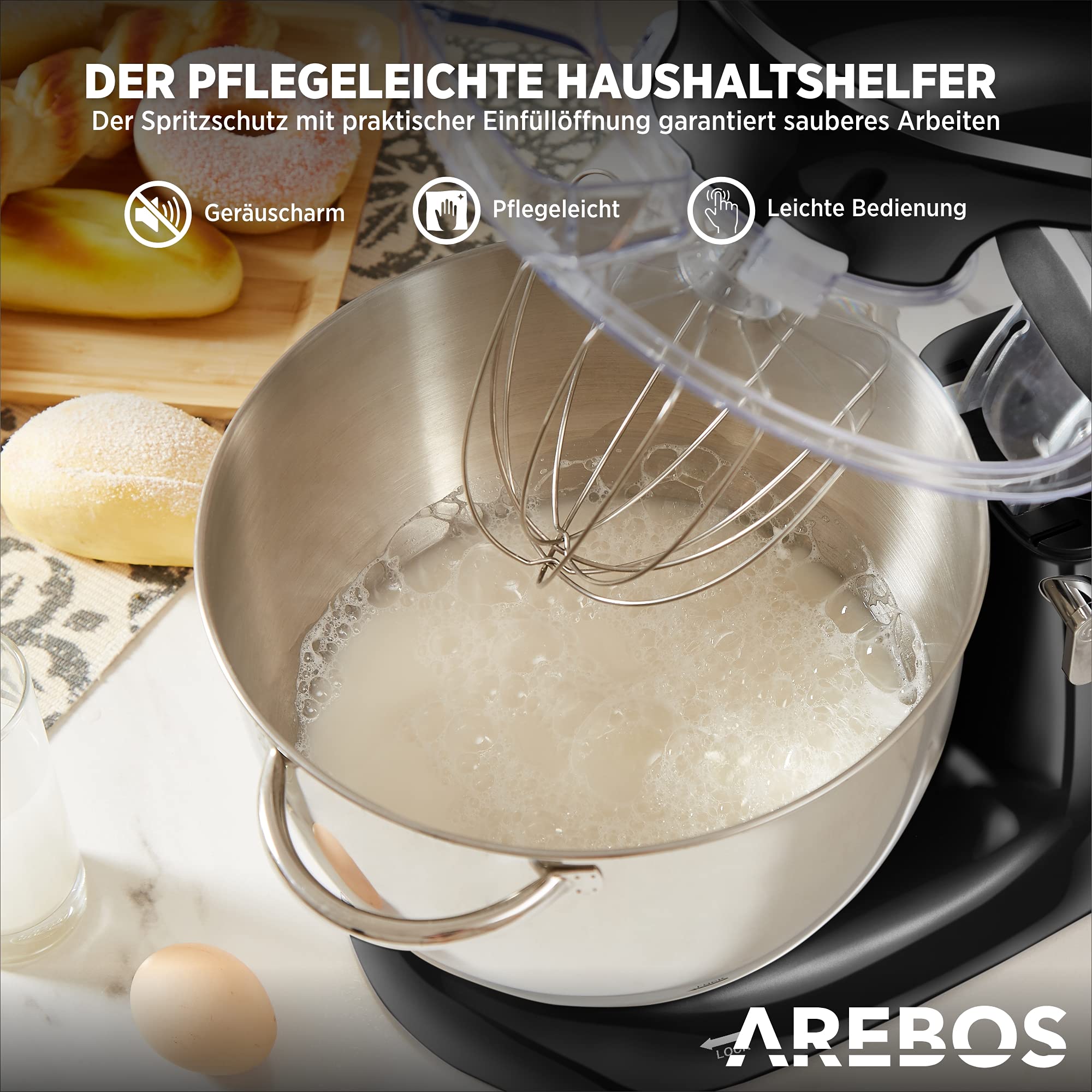 Arebos Küchenmaschine 1500W mit 6L Edelstahl-Rührschüssel | Schwarz | inkl. Rührhaken, Knethaken, Schneebesen | Spritzschutz | 6 Geschwindigkeiten | Knetmaschine | Teigmaschine