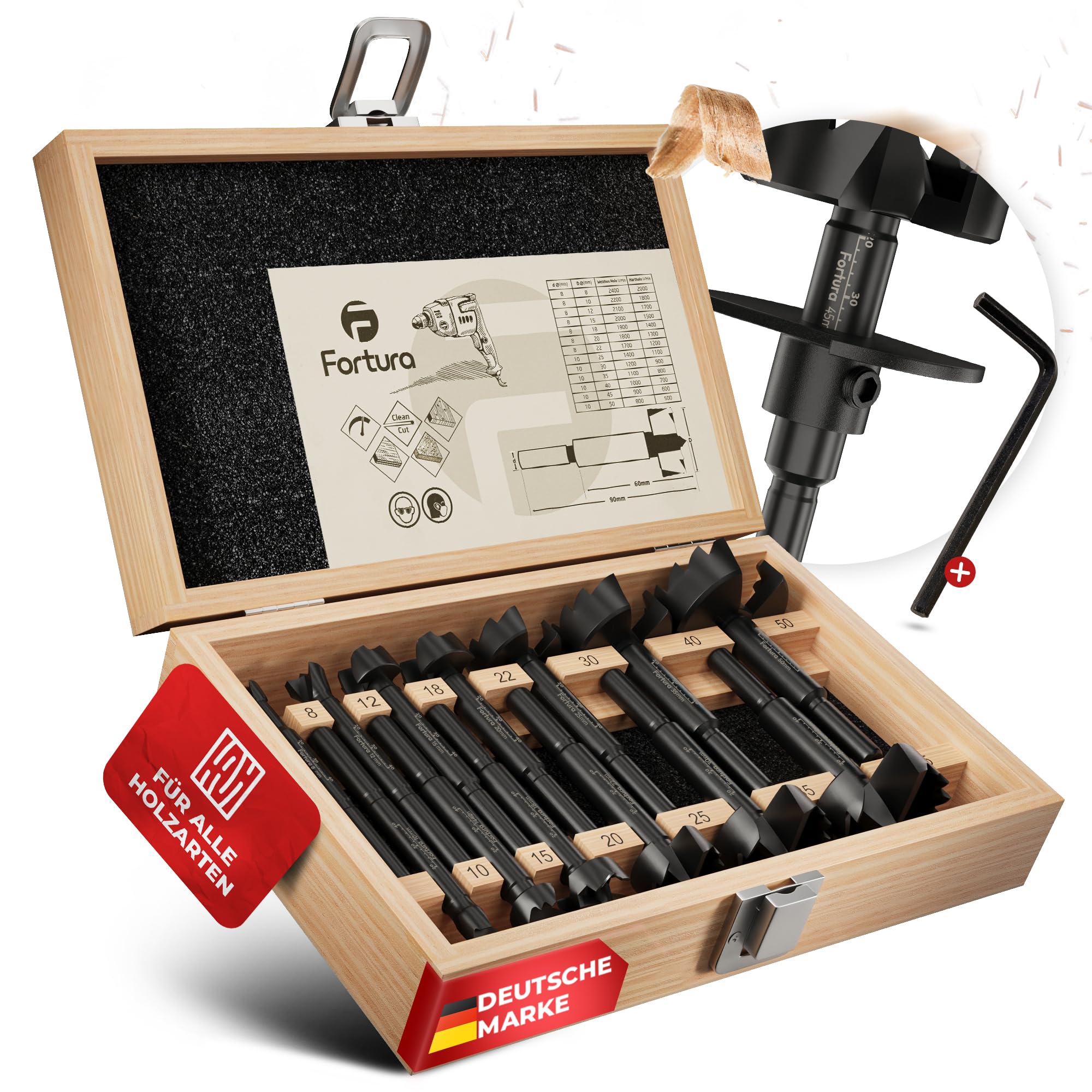 Fortura® Forstnerbohrer set Ø8-50mm + Tiefenstopp/Holzbohrer/Forstnerbohrer/Holzbohrer set/Lochbohrer/Bohrer Holz/Fräsbohrer Holz/Forsterbohrerset/Topfbohrer