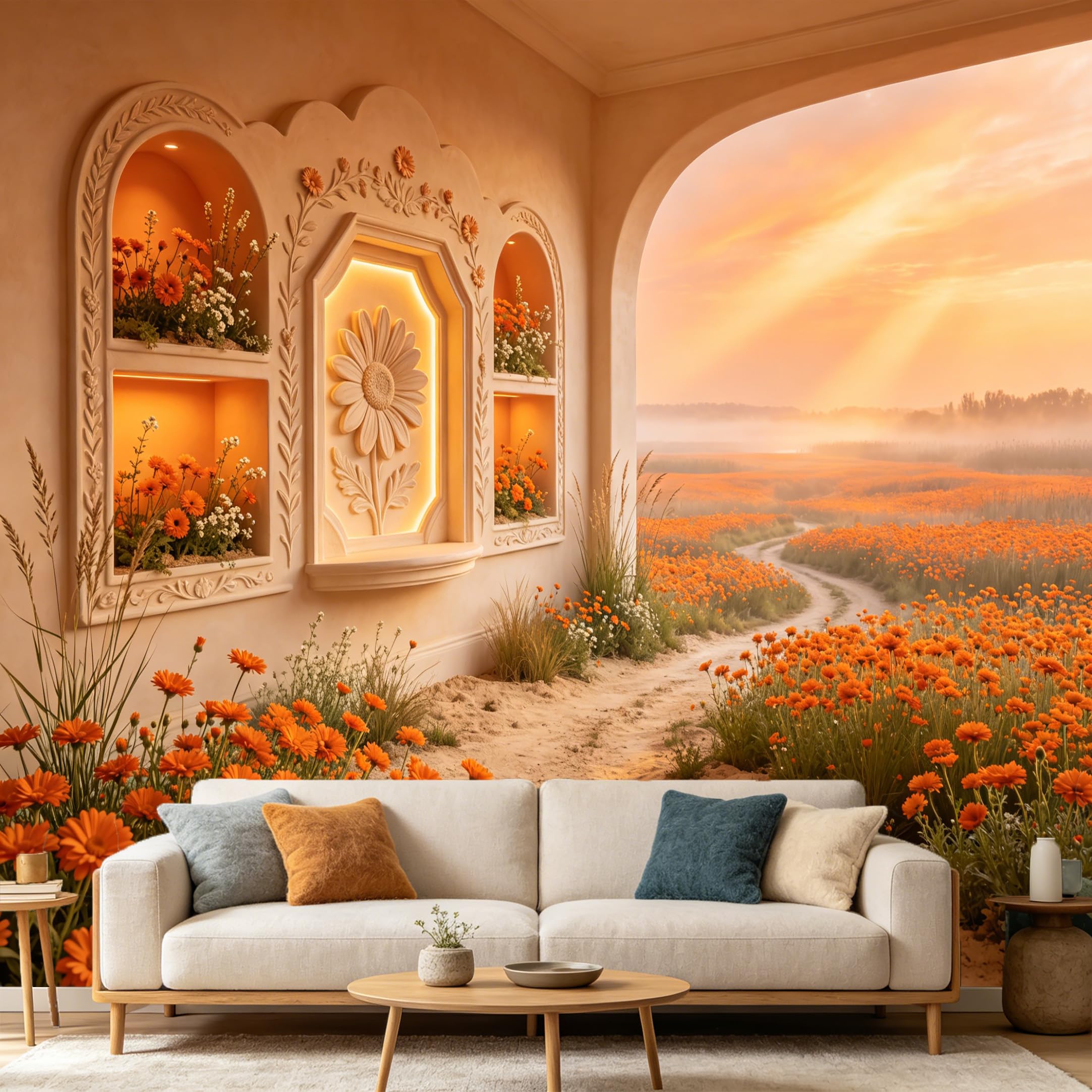 Custom Size Wall Mural Sunset Mediterranean Orange Flower Meadow Landscape Archway Window SelfAdhesive Art Prints wall Fabric Removable Large Wallpaper Home Living Room Decor
