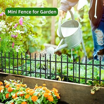 Decorative Metal Garden Fence 11 x 6', Small Fence Border with Stakes | 5 Panels, Short Wrought Iron Fencing for Flower Bed, Landscape Edging with Decor Spikes, No-Dig Stakes, Black