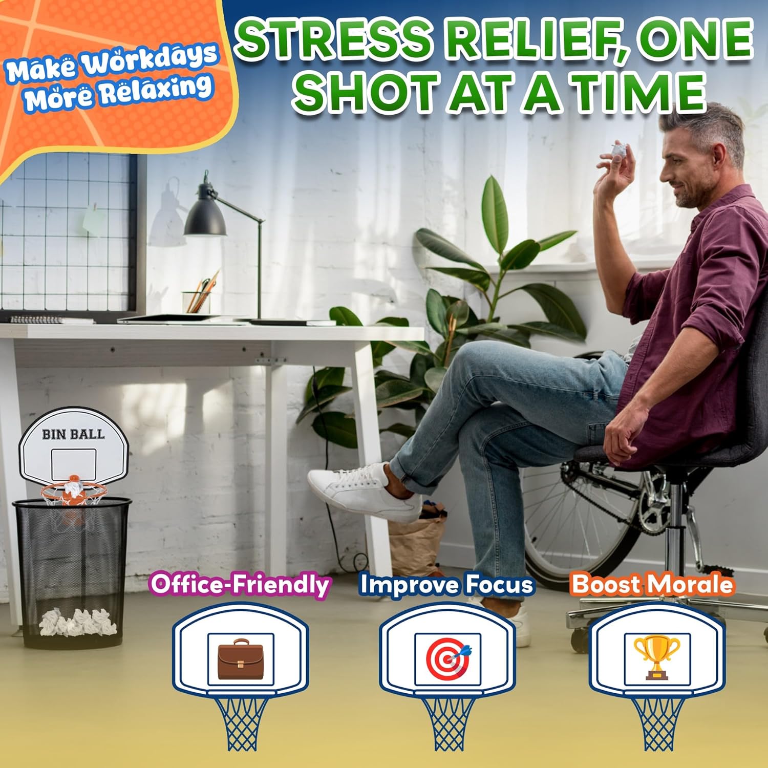 Forest & Twelfth 8.5” Trash Can Basketball Game Set – Office Basket Ball Hoop Clip for Waste Basket, Also Ideal for Living Room or Bedroom, Includes Basket Ball and Inflating Pump