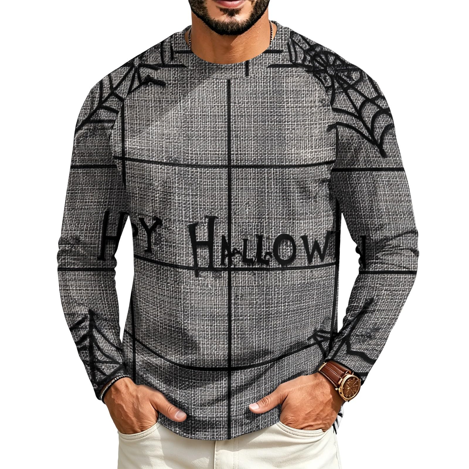 Halloween Crew Neck Shirts Costumes for Men Long Sleeve Fit Pumpkin Ghosts Print Casual Fashion Tops 2026,03-Black L — image 1
