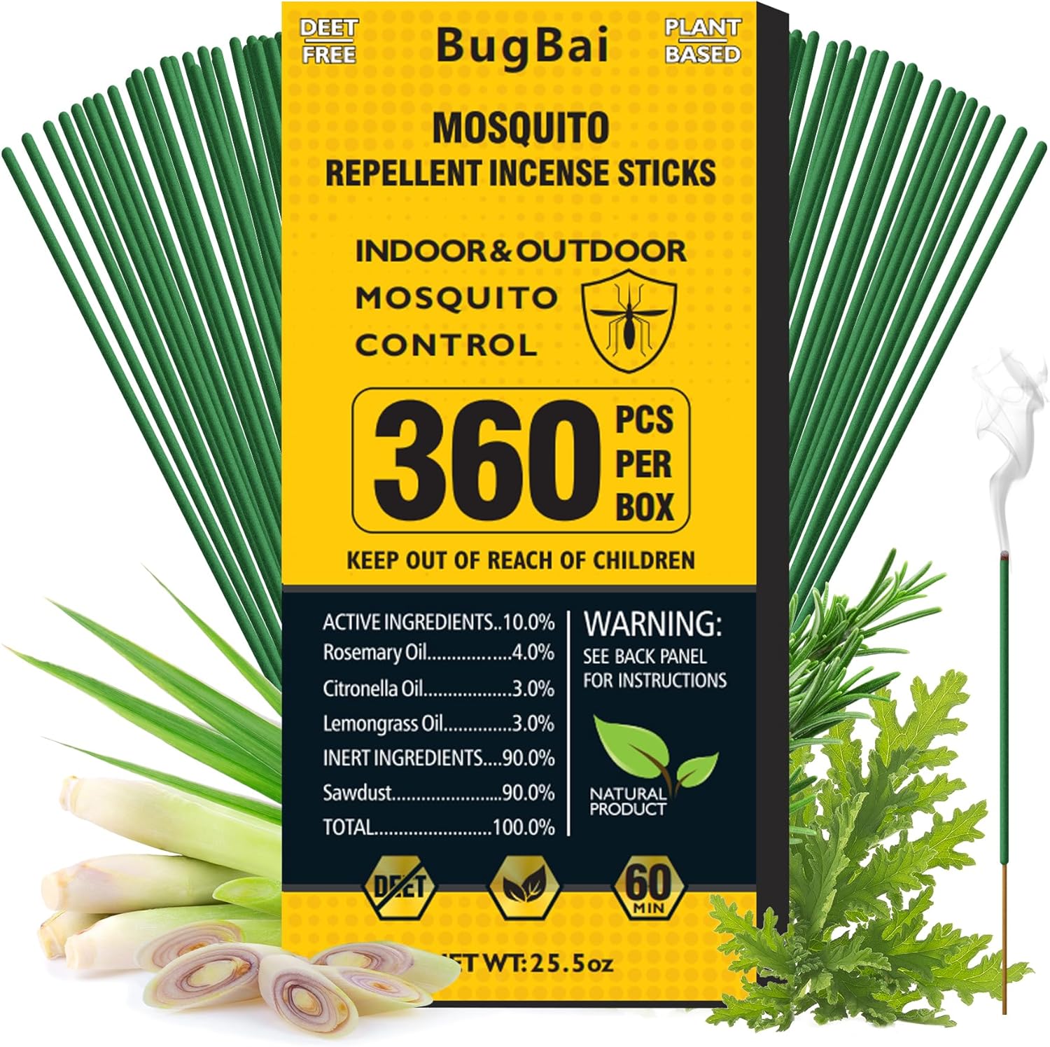 BugBai Mosquito Repellent Incense Sticks Outdoor Patio 360 PCS, Citronella Oil Indoor Home Pet Family Safe, Natural Plant-Based Bug Insect Barrier for Yard Garden Lawn Camping Fishing, 25.5 oz