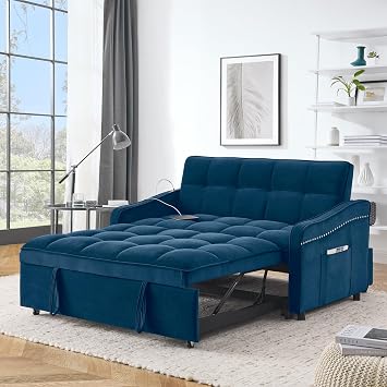 JEEOHEY Sleeper Sofa Couch with Type C, USB Port, 3 in 1 Modern Comfy Velvet Convertible Loveseat Sofa w/Pull Out Bed, Curved Armrest for Small Space Livingroom Apartment Office, Blue