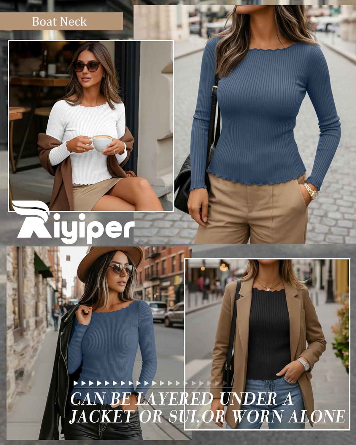 Riyiper 3 Pack Women's Long Sleeve Shirts Ribbed Cotton Boat Neck Tops Lettuce Trim Underscrub Slim Fit Casual Basic Tees - Image 4