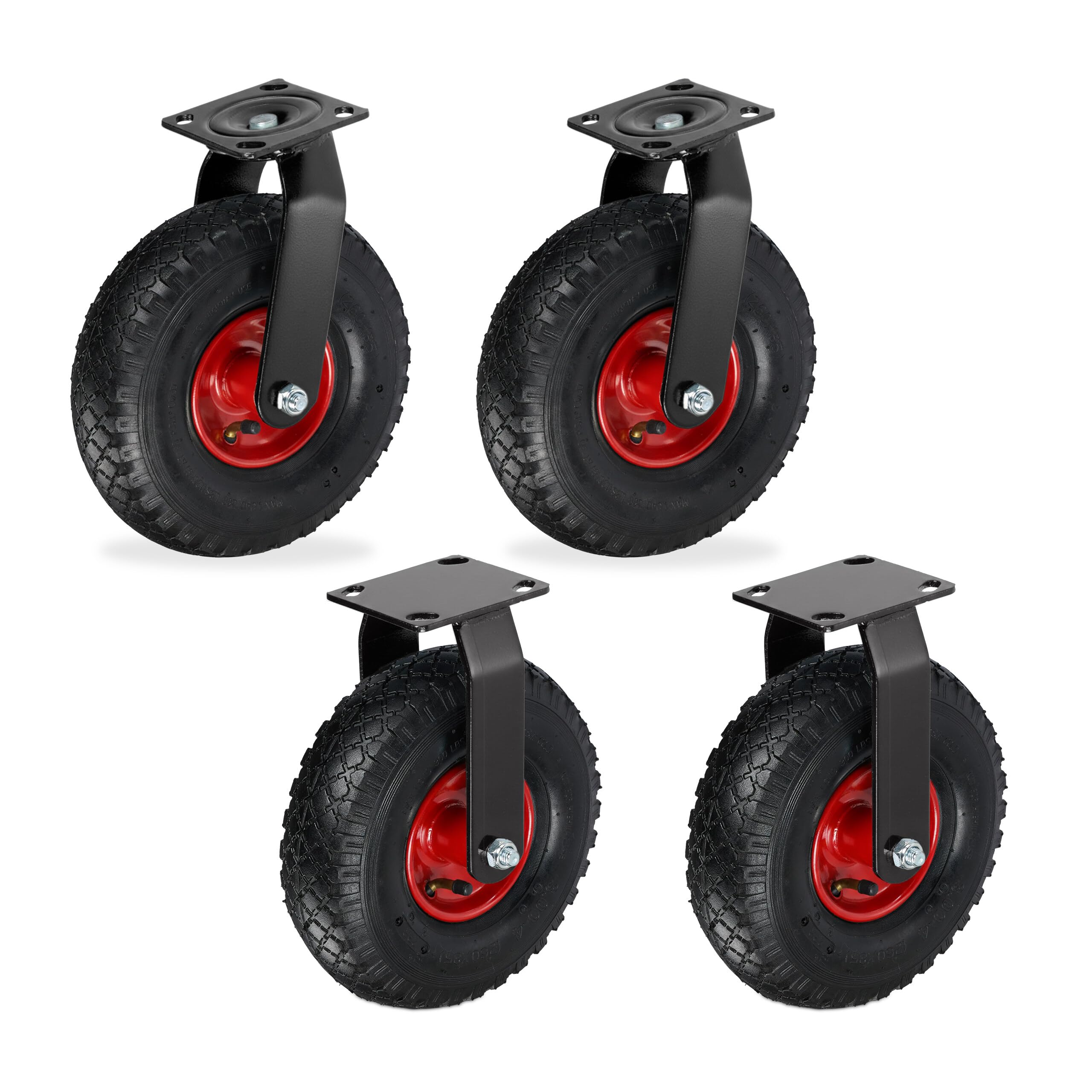 Relaxdays 2x fixed + 2x swivel castors, pneumatic heavy-duty 3.00-4 wheels, transport castors 120 kg, black/red
