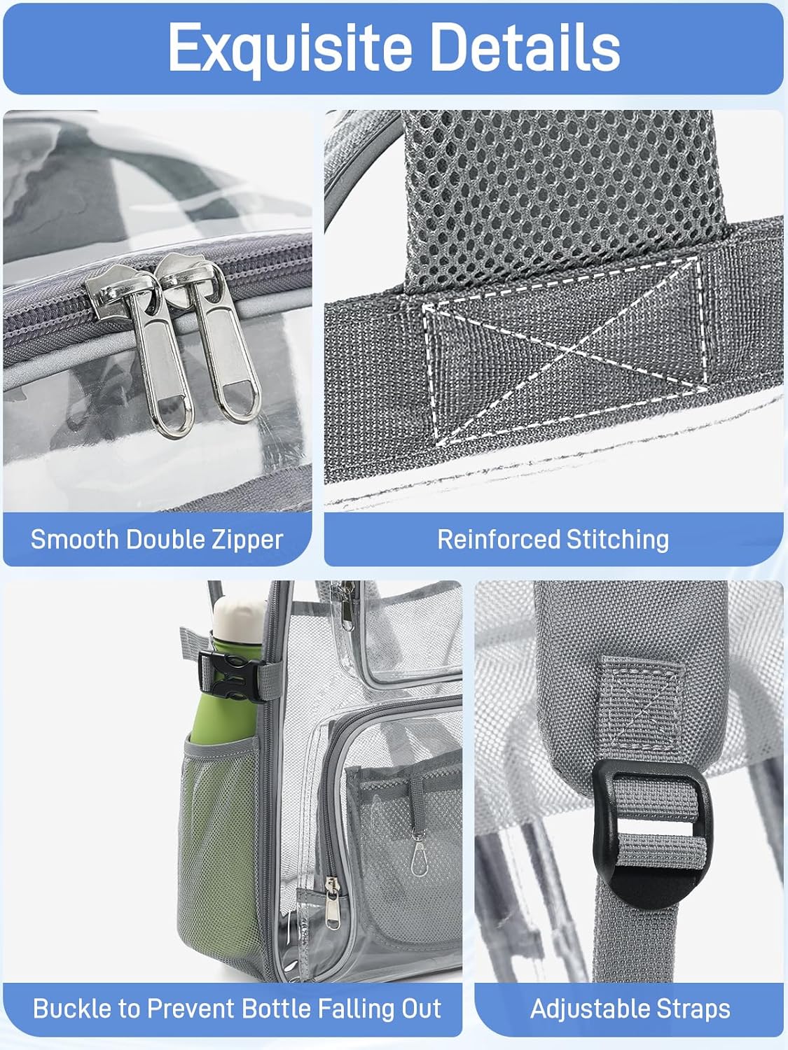 Clear Backpack Heavy Duty for Women Men Boys Girls, Transparent See Through Backpack, Large TPU Bookbag with 360° Reflective Strips for School Sport College Work Travel Security, Grey