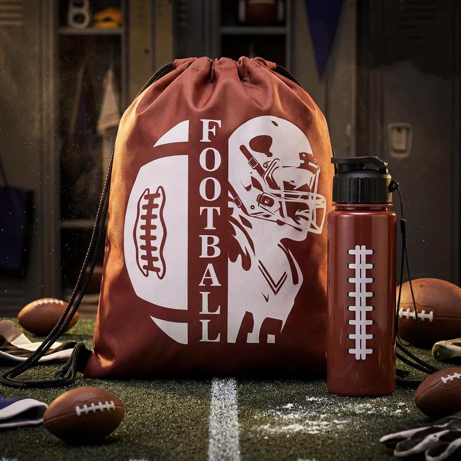 Mifoci 24 Pieces Football Water Bottle and Football Drawstring Backpack Set 12 Pcs 17 oz Reusable Plastic Sports Water Bottle 12 Pcs Gym Goodie Gift Bag for Summer Gym Travel Party Outdoor