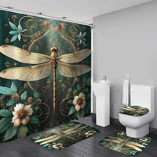 Miniatura 21 de DDQQ Juego de cortinas de ducha de hojas verdes con alfombra antideslizante, cubierta para tapa de inodoro y tapete de baño, juego de cortinas