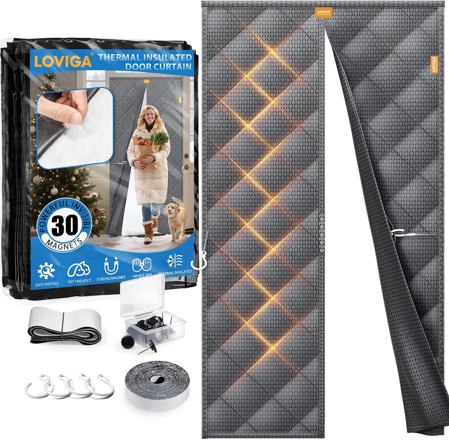 LOVIGA Magnetic Thermal Insulated Door Curtain, Thicken Oxford & Cotton Thermal Door Cover for Winter, Weatherproof, Self Sealing, Keep Cold Out, Fit Doors Size 30 Inch×80 Inch Grey