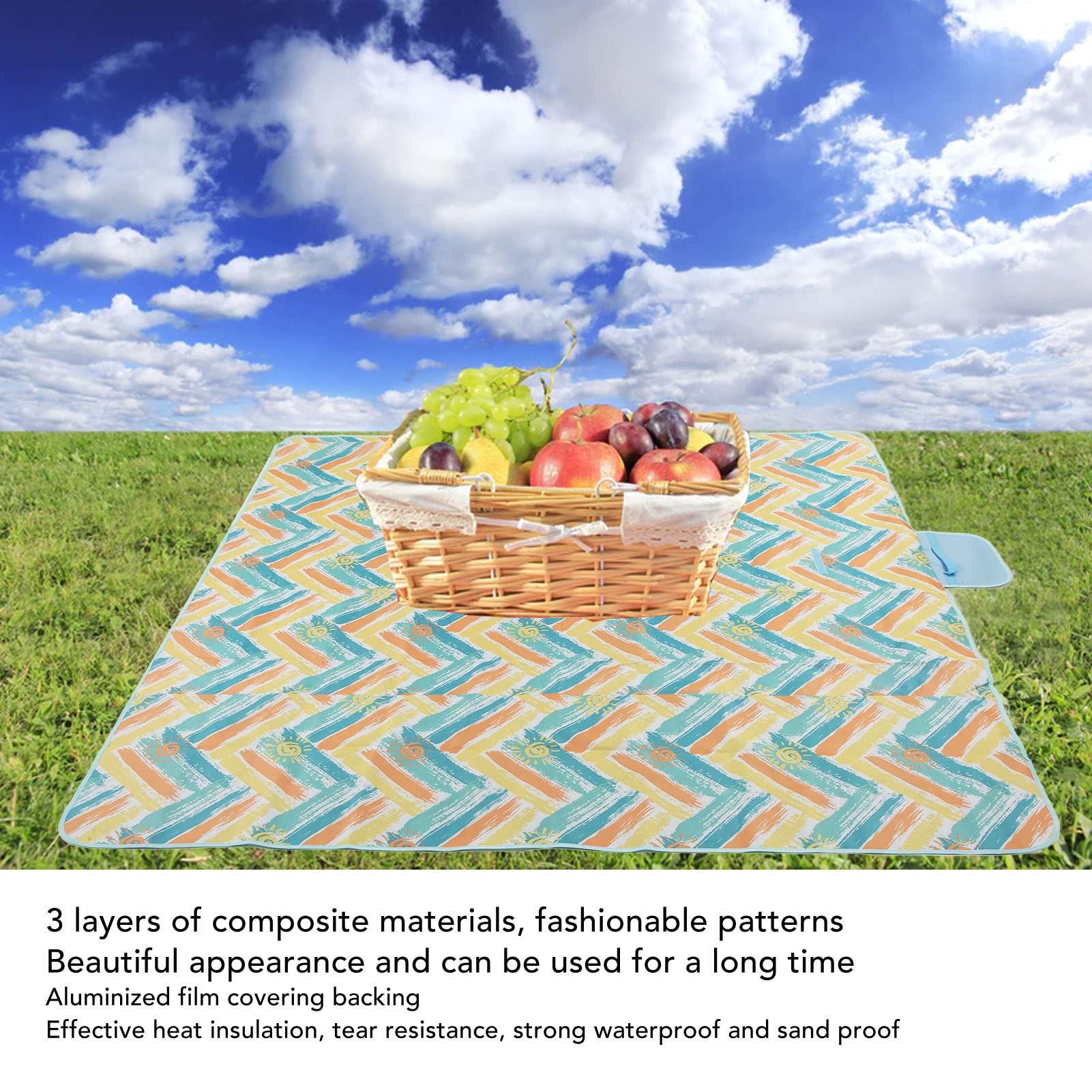 Coperta da picnic in tessuto Oxford impermeabile Tappetino da picnic rettangolare extra large per picnic sulla spiaggia da campeggio 195x200 cm (Vacanza al sole)