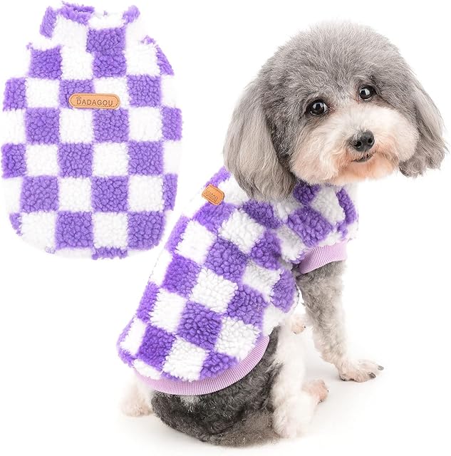 Zunea Fuzzy Dog Jumper for Small Dogs Warm Fleece Winter Jacket Coat Plaid Puppy Clothes Fluffy Pullover Sweater Coat Soft Pet Apparel for Dogs Girl Boy Chihuahua Yorkie Cat Purple S
