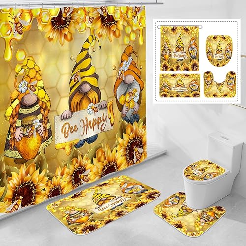 Juego de 4 cortinas de ducha de gnomos otoñales con alfombras antideslizantes, cubierta para tapa de inodoro y tapete de baño, juego de decoración