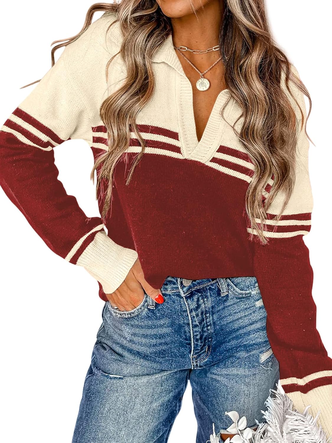 COCCKO Womens Long Sleeve V Neck Pullover Sweaters Casual Striped Knitted Sweater Jumper Tops