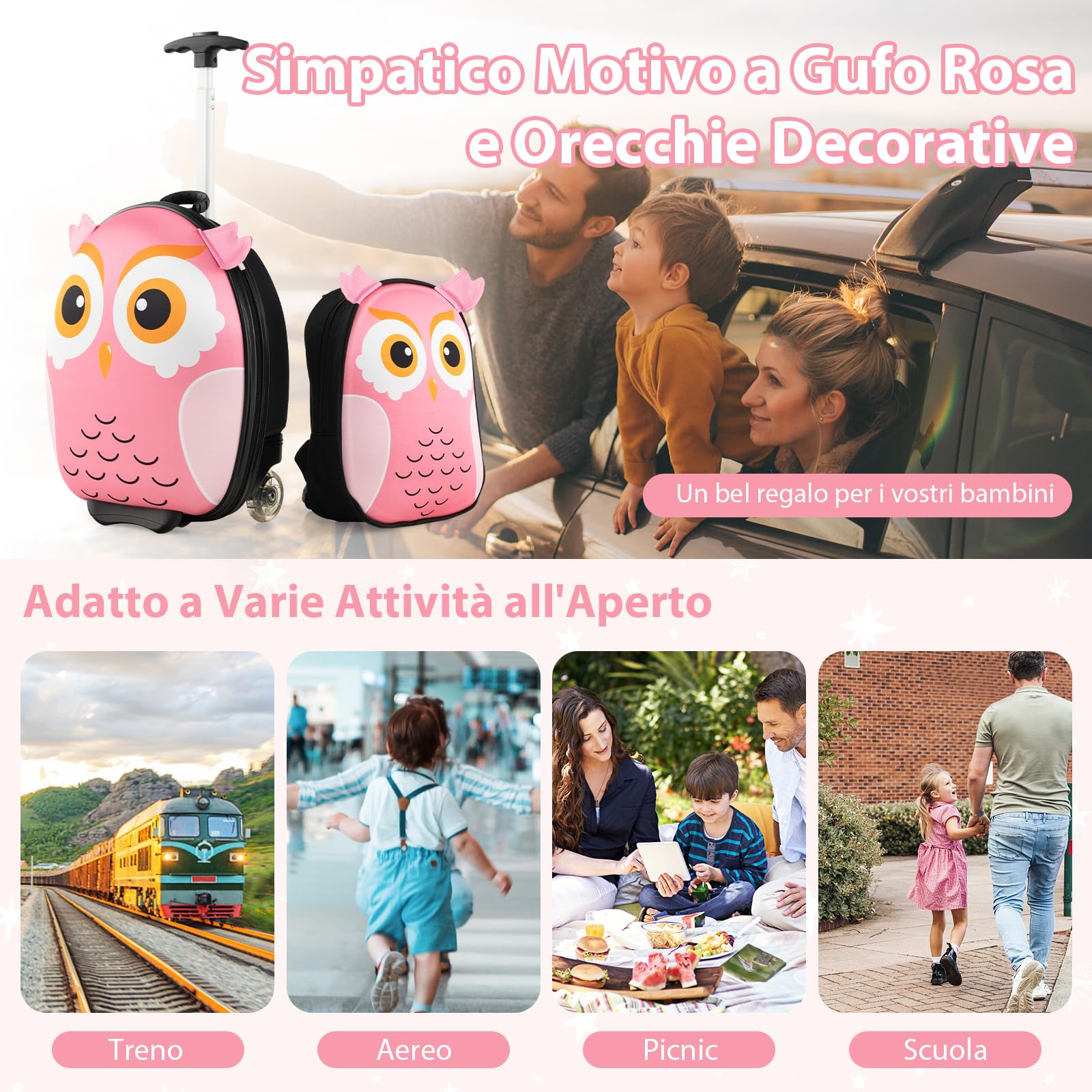 COSTWAY Set di Valigia per Bambini, 16" Valigia+ 12" Zaino, 2 Pezzi, con Ruote e Maniglia Retrattile, Ideale per Viaggiare in Modo Comodo e Divertente (Modello 2)