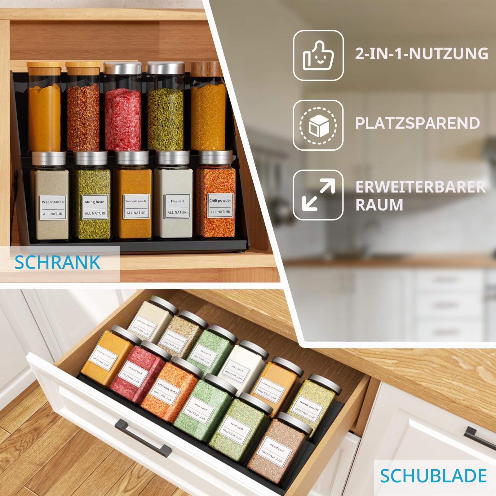 BOIVSHI Platzsparendes 2-in-1-Gewürzregal für den Schrankinnenraum, schwarzer Küchen- und Gewürzorganizer, 3-stufiger Gewürzbehälter-Organizer