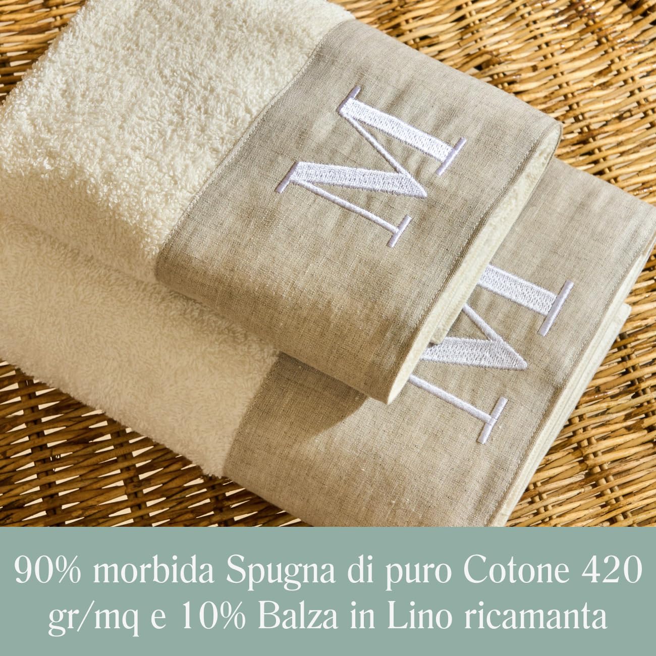 NELLA BIAGINI Set Asciugamani Bagno Viso e Bidet, con Iniziali Ricamate, Coppia Asciugamani Bagno, in Spugna di Cotone e Lino, 420 gr/mq, 110x60 cm + 60x40 cm, Made in Italy. Modello: Century