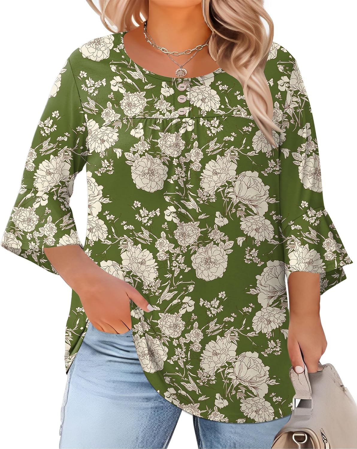 Rapbin Plus Size Tops for Women 3/4 Ruffle Sleeve Crew Neck Button Down Pleated Blouses Casual Fashion Tunic (1X-5X)