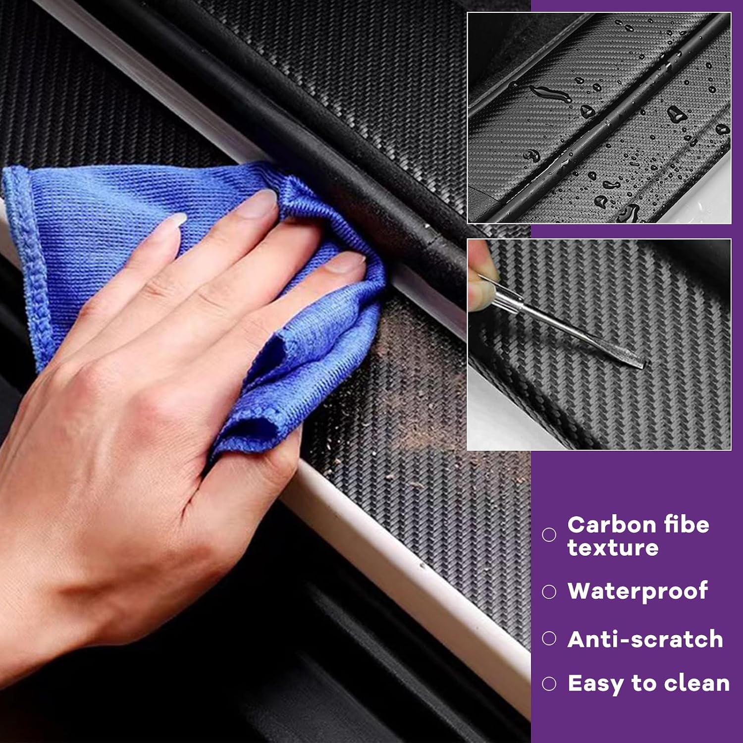 4 PCS Car Door Sill Protectors, Anti-Scratch 3D Carbon Fiber Auto Door Entry Edge Guard, Waterproof Threshold Protective Strip for SUVs Sedans Trucks, Car Accessories (Purple, 3D)