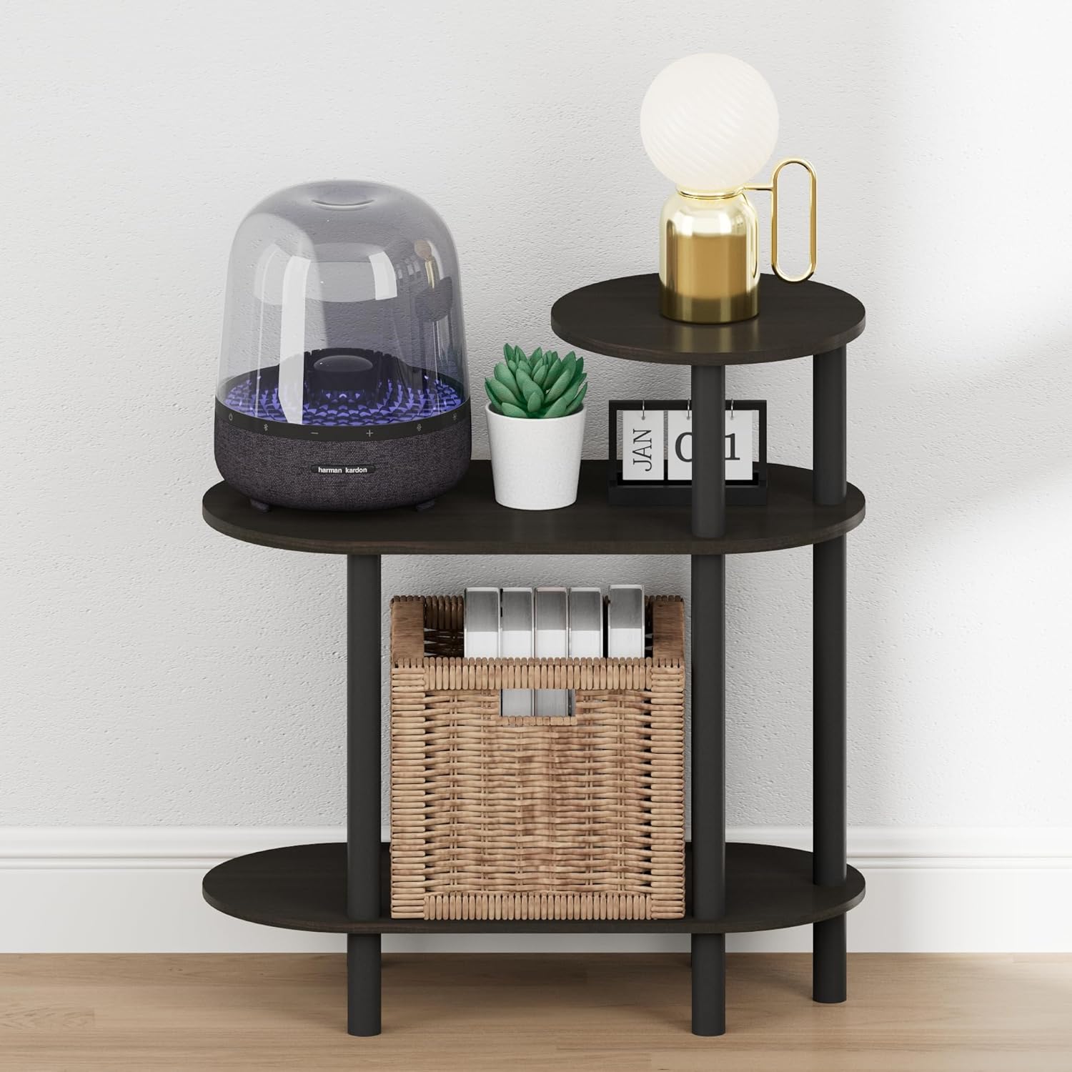 Furinno Turn-N-Tube Night Stand, 3-Tier Oval Sofa Nightstand with Open Shelf, Toolless Assembly Narrow End Table, Side Table, Bedside Table, for Bedroom, Closet, Dorm, Espresso