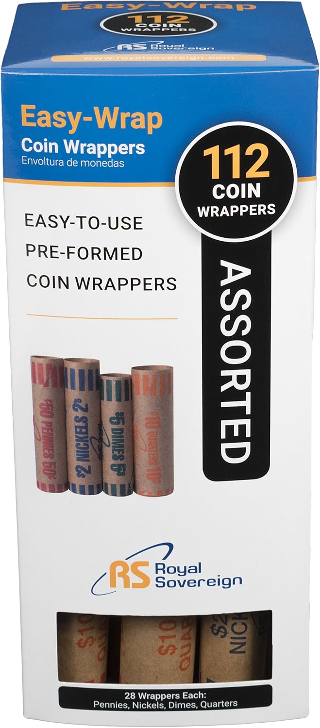 Royal Sovereign Preformed Coin Wrappers. 112 Assortment Pack, 28 Pennies, 28 Nickels, 28 Dimes, and 28 Quarter Coin Wrappers (FSW-112A)