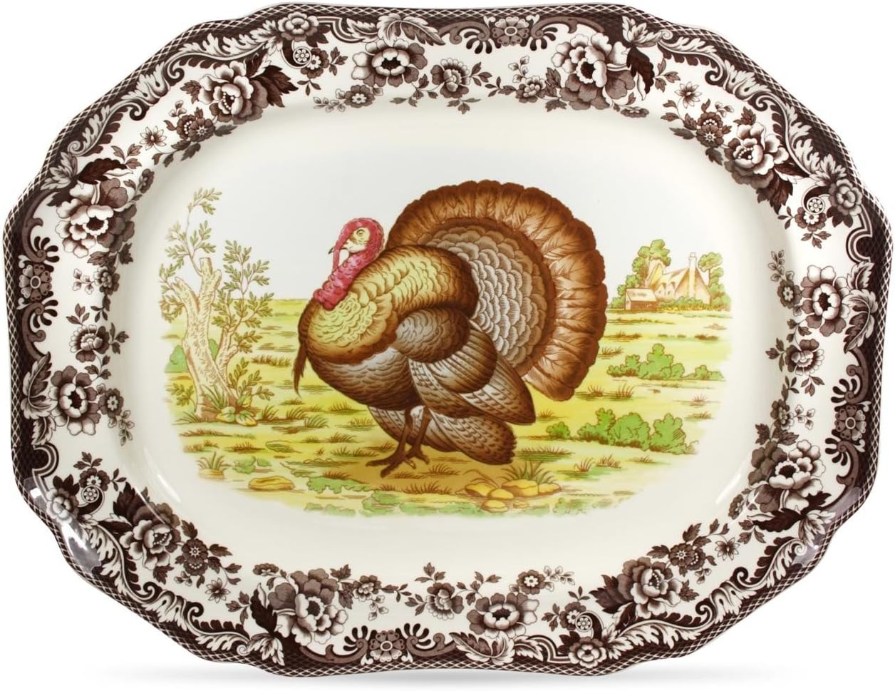 Spode Woodland 19" Octagonal Serving Platter, Turkey Motif - Fine Porcelain Thanksgiving Dinnerware with British Flower Boarder for Holiday Feasts and Family Gatherings, Microwave & Dishwasher Safe