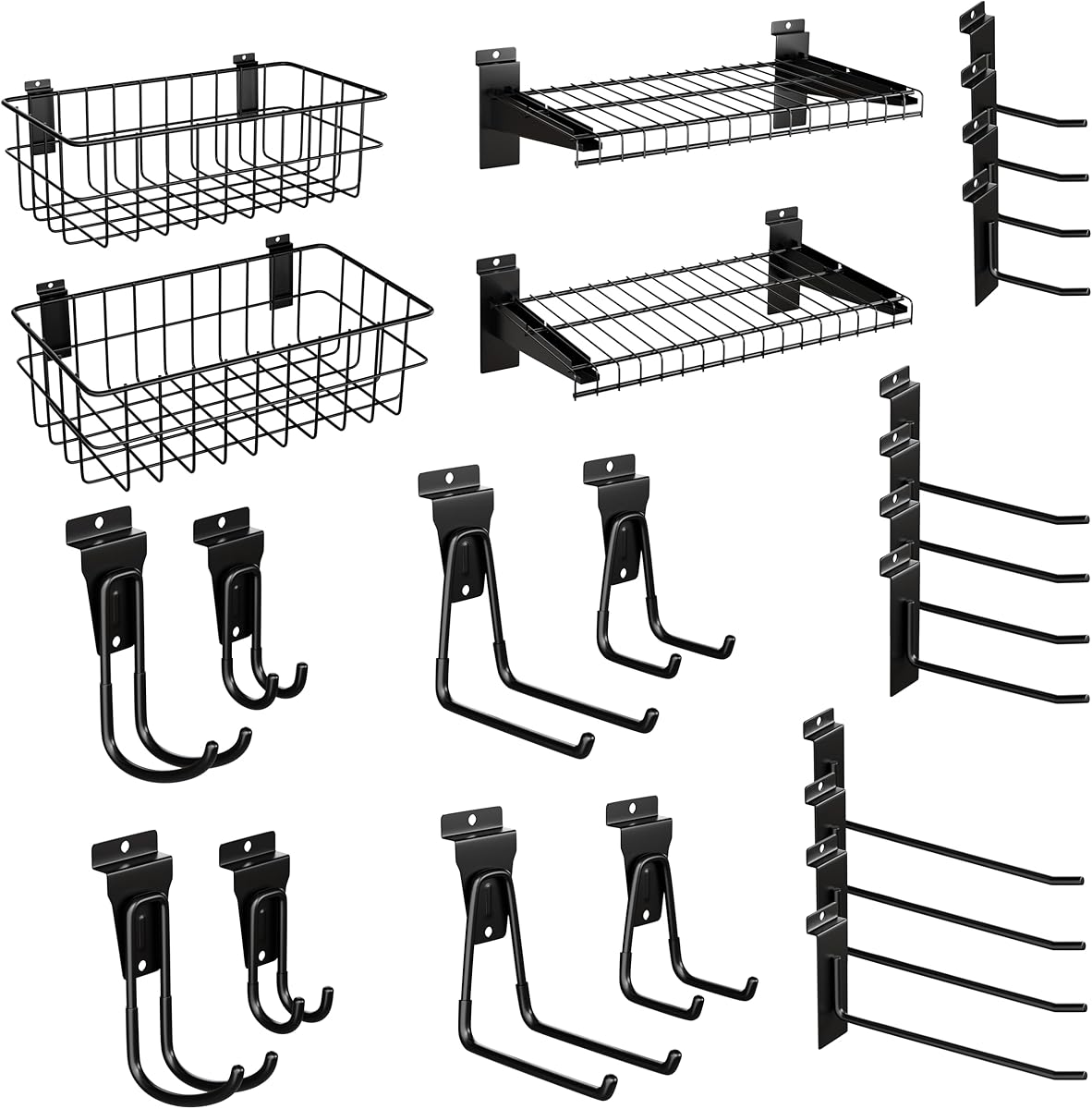 24PCS Slatwall Accessories Set, Includes Metal Slatwall Baskets, Shelves and Hooks, Heavy Duty Slat Wall Organizer Kit for Shops, Garage and Room Storage (Black,24pcs)