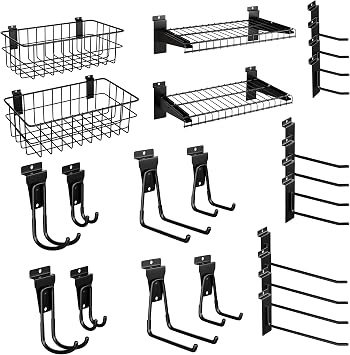 24PCS Slatwall Accessories Set, Includes Metal Slatwall Baskets, Shelves and Hooks, Heavy Duty Slat Wall Organizer Kit for Shops, Garage and Room Storage Black,24pcs