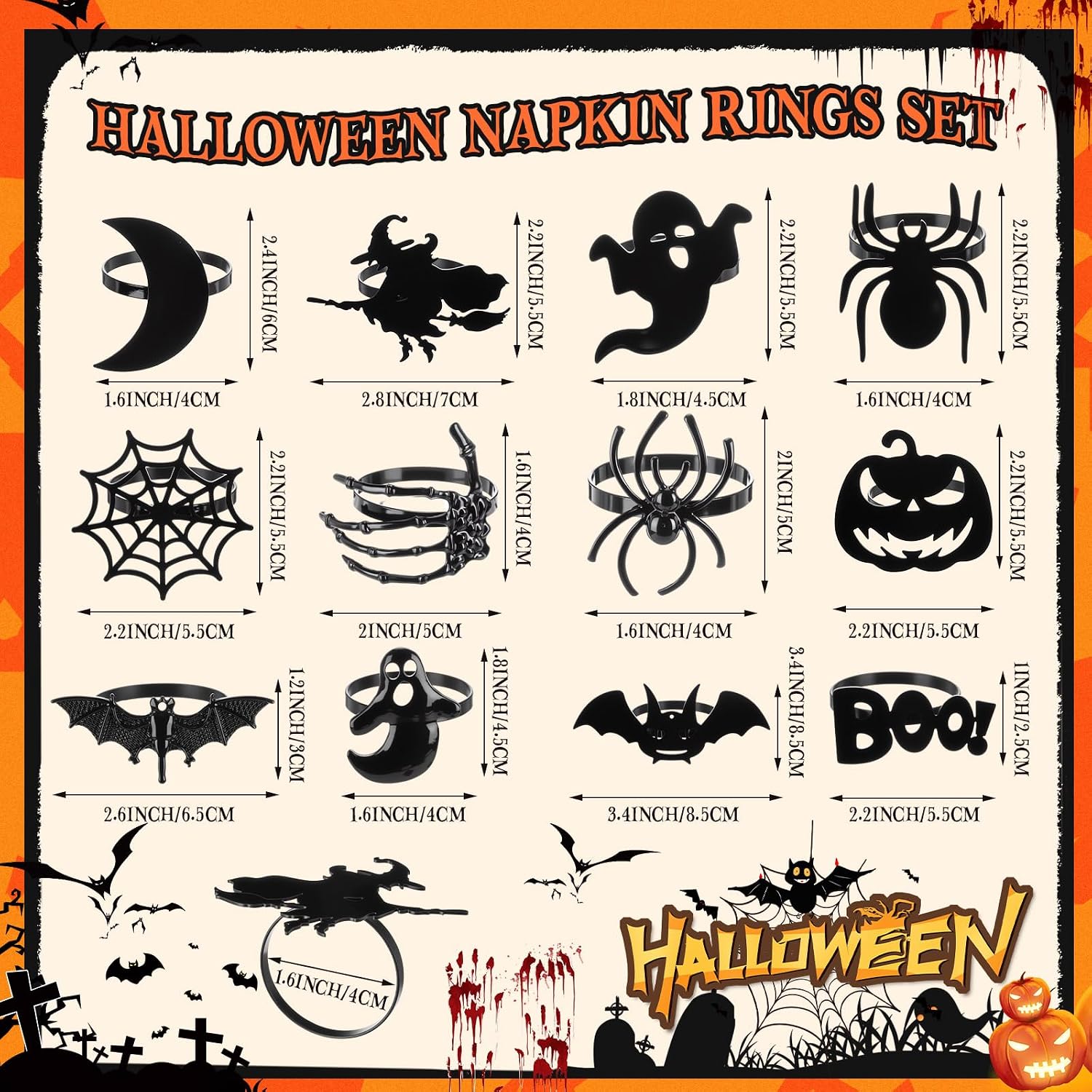 WILLBOND 12 Pcs Halloween Napkin Rings Metal Spooky Rings Holders Black