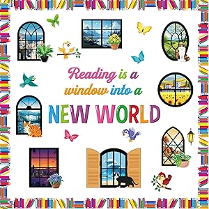Honoson 56 Pcs Reading Bulletin Board Set Back to School Classroom Decoration Reading is a Window Bulletin Boards Book Border for Motivational Library Classroom Chalkboard Wall Decor(Window)