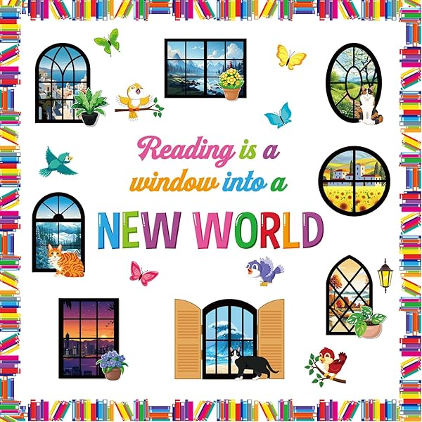 Honoson 56 Pcs Reading Bulletin Board Set Back to School Classroom Decoration Reading is a Window Bulletin Boards Book Border for Motivational Library Classroom Chalkboard Wall Decor(Window)
