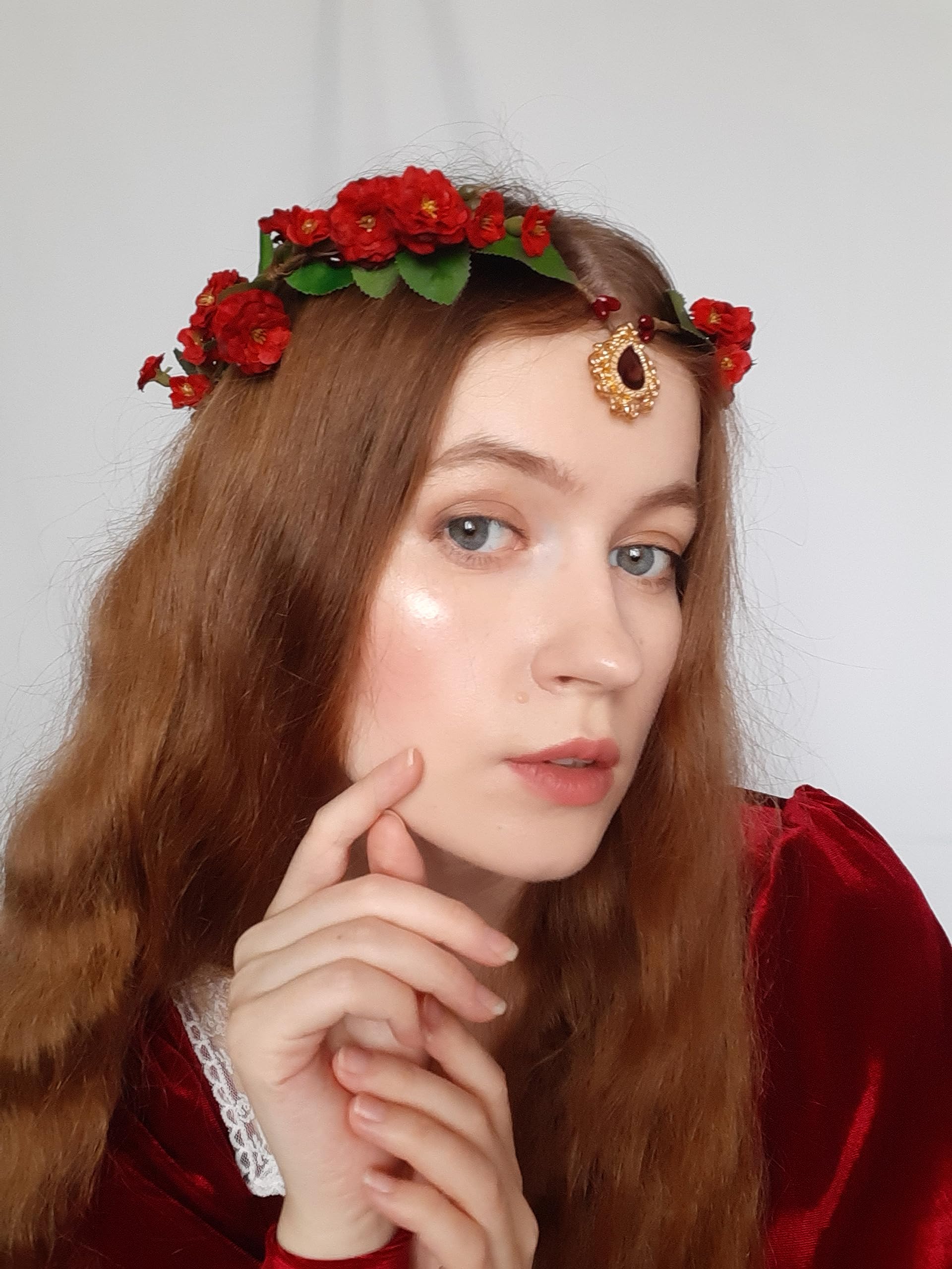 MOSTORY Red Flower Crown Headband - Rose Fairy Headpiece Elf Floral Headband Elven Circlet for Women Renaissance Costume Renfaire Cosplay Halloween