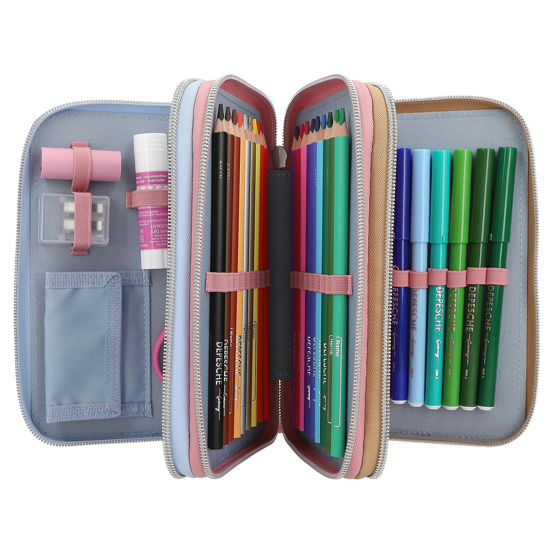 Depesche 13009 TOPModel Team Teddy – Trousse à 3 Compartiments garnie en Rose, avec Motif modèle et Pendentif, Trousse avec Crayons de Couleur, règle, Ciseaux, etc.